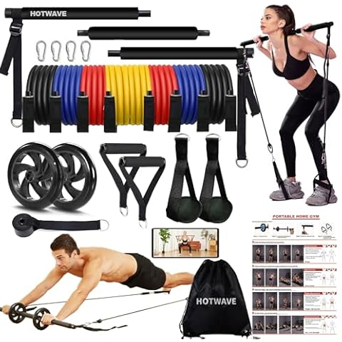 HOTWAVE Pilates Bar Kit with Resistance Bands,Ab Roller for Abs Workout, Squat Machine,Core Strength Training Equipment,Portable Home Gym for Men and Women Cover