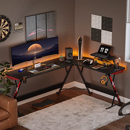 Motpk L Shaped Gaming Desk, 66 Inch Gaming Table With Carbon Fiber Texture, Corner Gaming Desk With Monitor Shelf, Cup Holder & Headphone Hook, Pc Computer Desk For Gamer, Black #TOP1