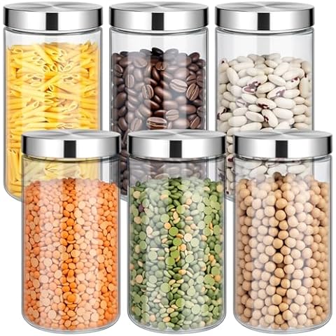 Teecyhooo 6 Pcs 50 oz Clear Glass Canister Set with Stainless Steel Lids, Food Storage Containers for Kitchen & Pantry Storage, Dry Foods Including Flour Sugar Coffee Rice Tea Spices Herbs Cover