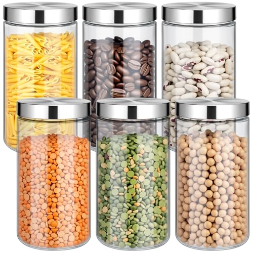 Teecyhooo 6 Pcs 50 oz Clear Glass Canister Set with Stainless Steel Lids, Food Storage Containers for Kitchen & Pantry Storage, Dry Foods Including Flour Sugar Coffee Rice Tea Spices Herbs