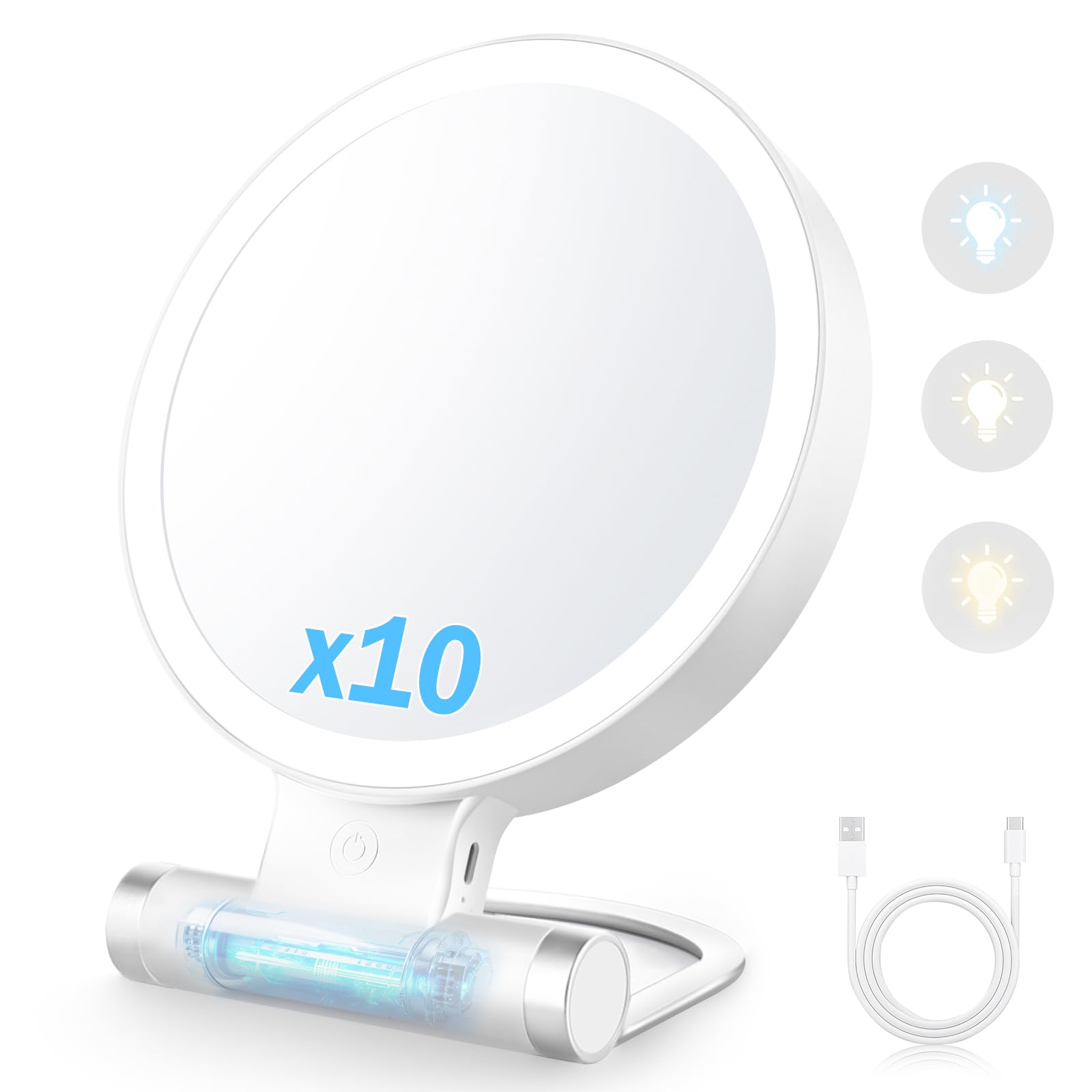 Euakee Espejo Maquillaje con Luz, 10X/1X, Doble Cara Portátil Espejo de Belleza de Maquillaje, Espejo de Aumento con luz y 3 Modos de Color, Espejo de Aumento Iluminado Recargable para Tocador Viaje
