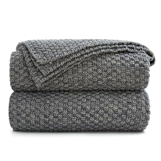 Longhui bedding Grey Knitted Throw Blanket for Couch, Soft, Cozy Machine Washable 100% Cotton Sofa Knit Blankets, Heavy 3.0lb Weight, 50 x 63 Inches, Gray and White Color,Laundry Bag Included