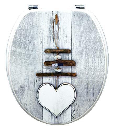 BM 4115 Copriwater Sedile Tavoletta WC Universale Coperchio Toilet Seat Bagno in Legno MDF Grigio Decorato Motivo Cuore con Sfondo Bianco, Misura Standard Fissaggio dal Basso Cerniere in Acciaio