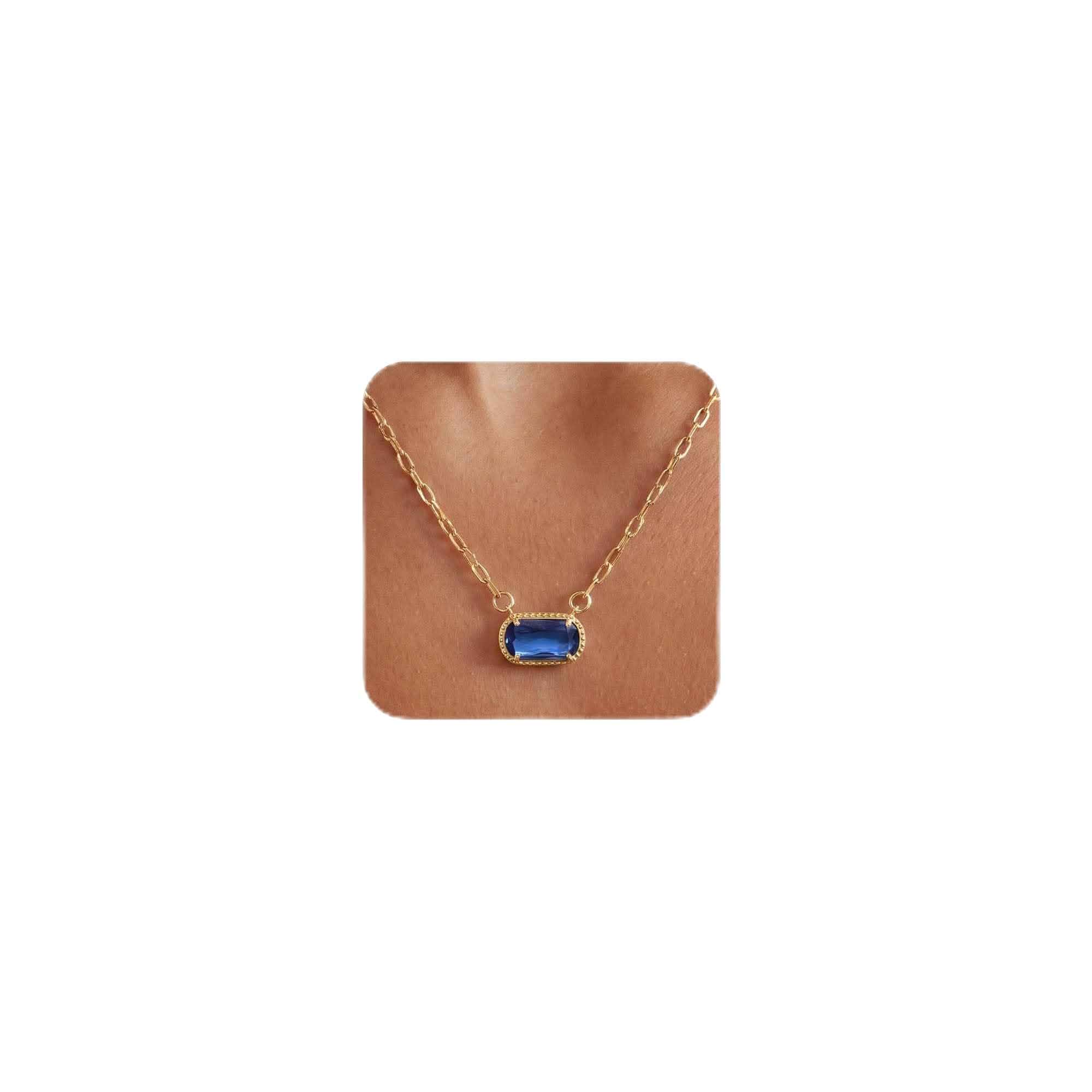 Gold Necklace for Women Oval Stone Pendant Dainty Chain Elegant Gold Link Chain with Rectangular Cubic Zirconia Pendant, Lightweight Design, Everyday Wear