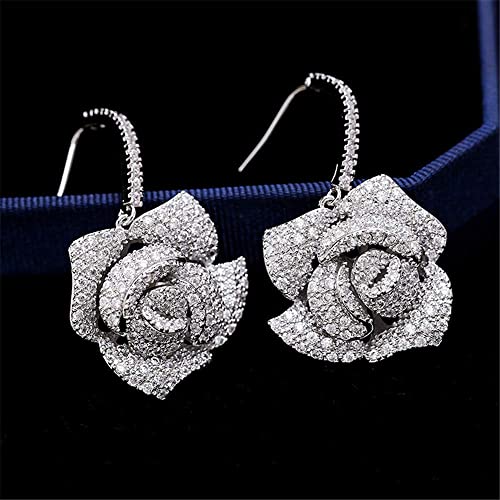 Huggie Cz Flower Dangle Stud Earrings For Women Girls With Charms Fashion Luxury Pave Rhinestone Filigree Camellia Rose Dainty Crystal Drop Dangling Wedding Prom Jewelry Dainty Gifts Valentine Mother's Day (Clear) #TOP4