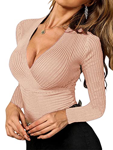 Image of Fangetey Womens Deep V Neck Sexy Wrap Sweater Long Sleeve Slim-Fitted Knitted Jumper Top