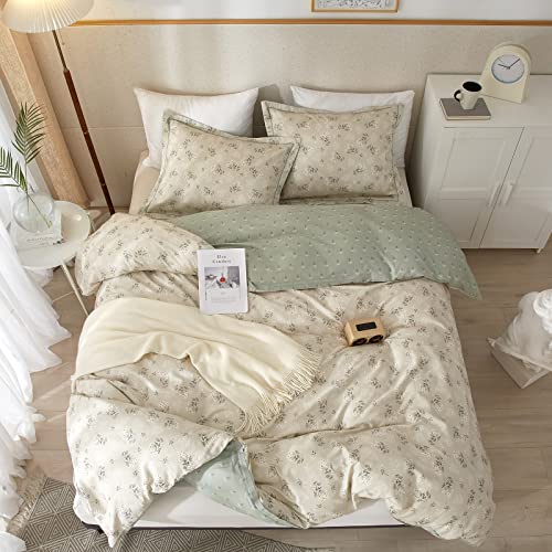 VM VOUGEMARKET Vintage Flower Duvet Cover Set Full Cotton Girls Aesthetic Bedding Set Reversible Floral Duvet Cover with 2 Pillow Shams,Blooming Comforter Cover with Zipper-Gray Green