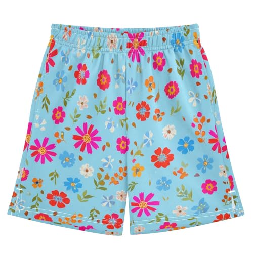 Colorful Floral Athletic Shorts with Zipper Pockets, Youth Boys Athletic Running Shorts for Summer