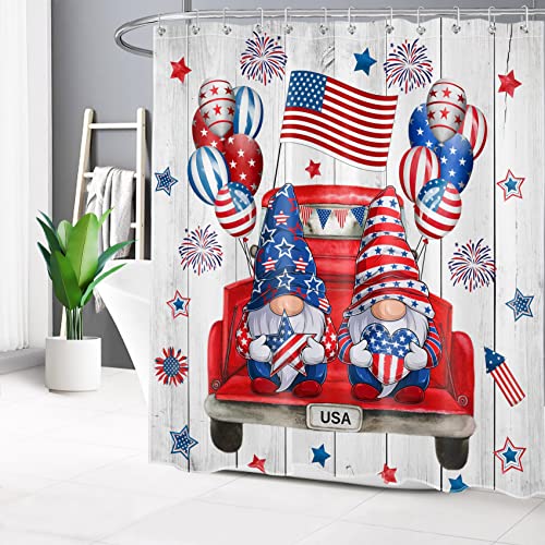 Eobtain 4Th Of July Gnome Shower Curtain For Bathroom Red Blue Stars Amreican Flag And Funny Gnomes On Red Truck Fabric Shower Curtain With 12 Hooks Usa Patriotic Holiday Bathroom Curtains Shower Set #TOP1