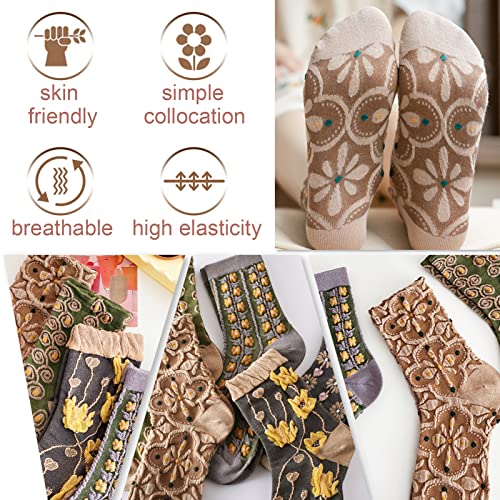Image of 5 Pack Cute Womens Floral Socks, Vintage Embroidered Frilly Floral Ankle Cotton Cottagecore Socks