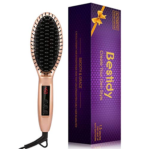 Bestidy Hair Straightener Brush,Ceramic Heating Straightening Irons Anti Scald,LCD Display- For Silky Hair (Gold)