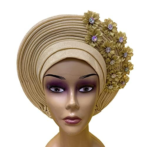 Fashion Nigerian Gele Headties with Stones Women Head Wrap Beaded Lace Already Made Auto African Headtie for Party2