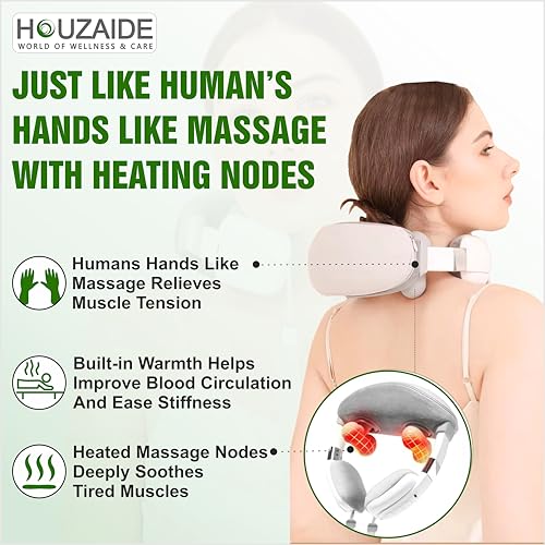 Image of HOUZAIDE WORLD OF WELLNESS & CARE Battery Powered Neck And Shoulder Massager For Neck, Shoulder And Migraine Pain Relief | 6D Massage Device With Heat & Kneading | Holi gift options,Cream