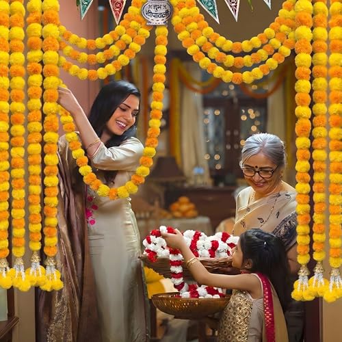 Image of DIYANA IMPEXMarigold Garland for Decoration 5 Pcs of 5 feet Long Strands Artificial Marigold Flowers with Bell, Indian Decor for Pooja /Diwali Decorations /Christmas (Mango + Yellow)