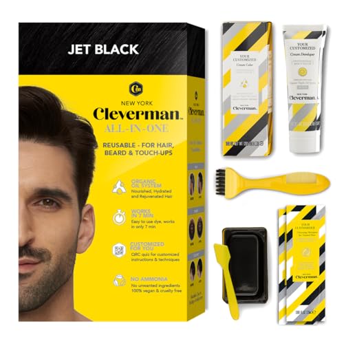CLEVERMAN Jet Black Hair & Beard Dye for Men, All-in-One Reusable Kit - Permanent, Ammonia-Free, Professional-Quality and Natural-Looking Gray Coverage for Hair, Beard & Mustache
