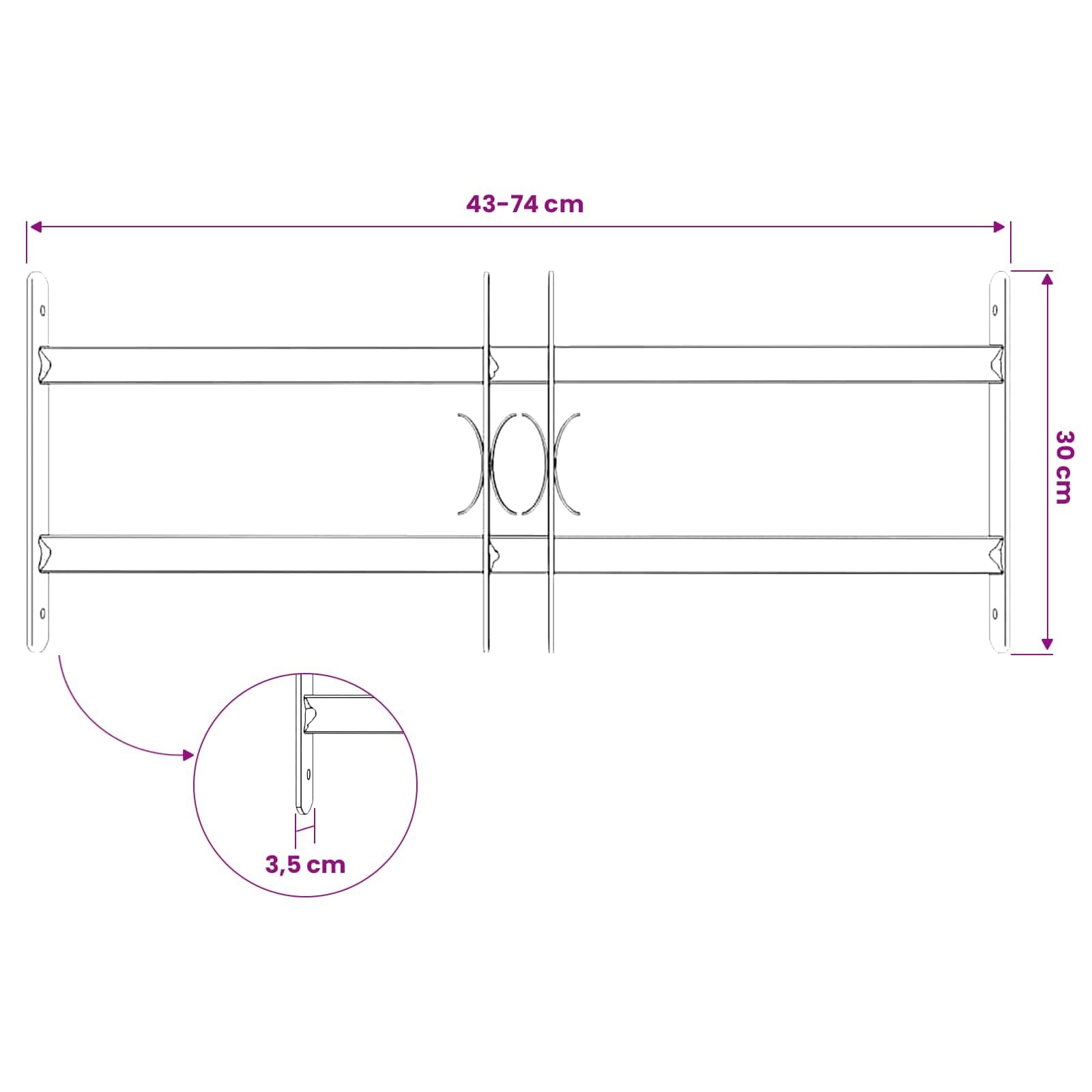 Juego de 3 rejillas de seguridad para ventanas de acero galvanizado, 2 barras transversales ajustables de 43 a 74 cm, montaje horizontal para ventanas exteriores, sótano, fachada, protección