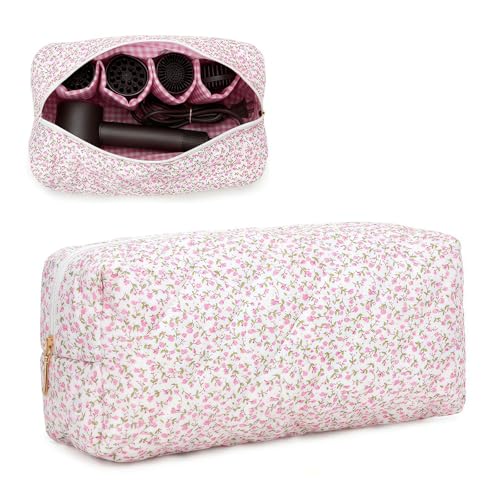 LuminaVerde Aufbewahrungstasche passend für Dyson Airwrap und Airstrait Große Kosmetiktasche Reisetasche für Haartrockner Baumwolle 35x15x10cm Gesteppt mit Blumenmuster und Fächern