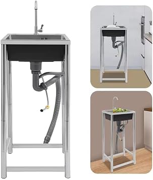 Utility Sink Freestanding Stainless Steel Sink with Cold and Hot Water Pipe68x45x75cm