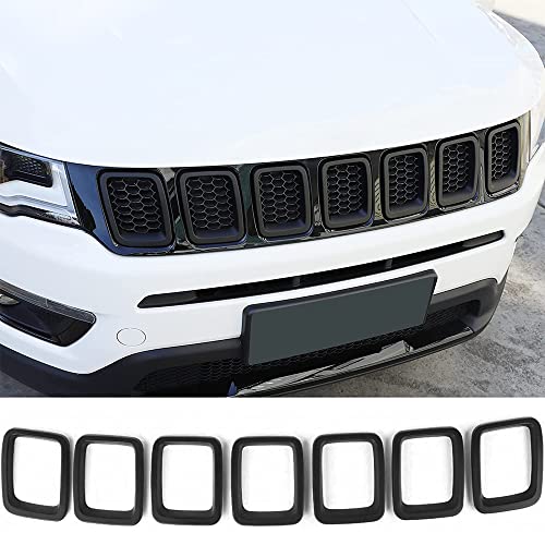 Image of Front Grille Grill Inserts Cover Compatible with Jeep Compass 2017 2018 2019 2020 2021 ABS Grill Cover Rings Frame Trims Kit 7PC (Matte Black)