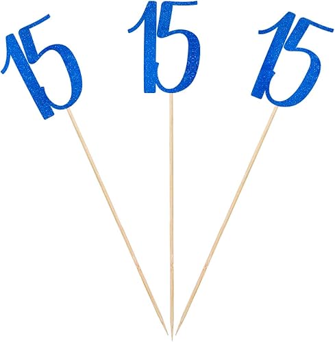 Palitos de centro de mesa de cumpleaños número 15 con purpurina azul, paquete de 12 decoraciones de fiesta de aniversario número 15