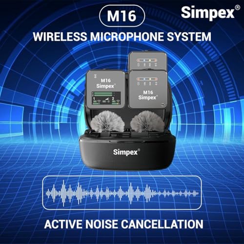 Image of Simpex M-16 Wireless Microphone with Charging Case, 100m Range, Intelligent Noise Cancellation, 10Hrs Battery, Compatible with DSLR, Smartphones for Vlogging, Interviews & Podcasts