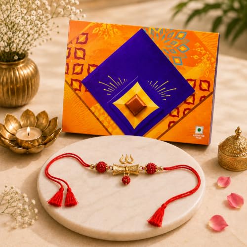 Image of JAIPUR ACE Rakhi Hamper With Chocolate Celebration Box Combo Pack, Rakshabandhan Gift Hamper For Brother With Roli Kumkum & Greeting Card (Trishul + Cele)