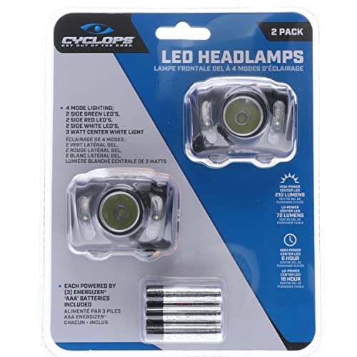 Cyclops 210 Lumen Headlamp, Tactical Durable Lightweight Compact Adjustable Stretch Headband Bright 3 Color Led Headlight, Aaa Batteries Included, Pack Of 2 #TOP4