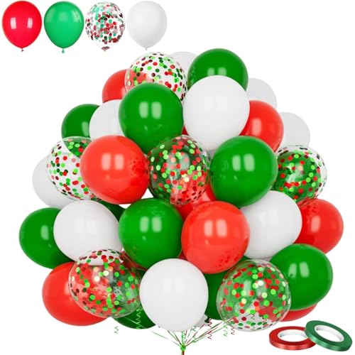 60 Pack 12Inch Red Green Christmas Balloons Set Thick Latex Xmas Party Balloons with Red Green White Colors and Confetti Helium Ready for Christmas Festival and Birthday Party Decorations