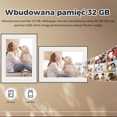 Cyfrowa ramka na zdjęcia WiFi o przekątnej 10,1 cala, wbudowana pamięć 32 GB, ekran dotykowy IPS 1280 x 800, automatyczne obracanie i dźwięk, szybkie i łatwe udostępnianie zdjęć lub filmów za pomocą