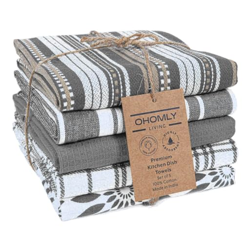 Image of OHOMLY LIVING Assorted Kitchen Towels Set of 5-100% Cotton Dish Cloths Towels with Hanging Loop - Soft, Absorbent & Washable for Kitchen Use - Quick Drying Dish Towels 16x26 Inch Grey