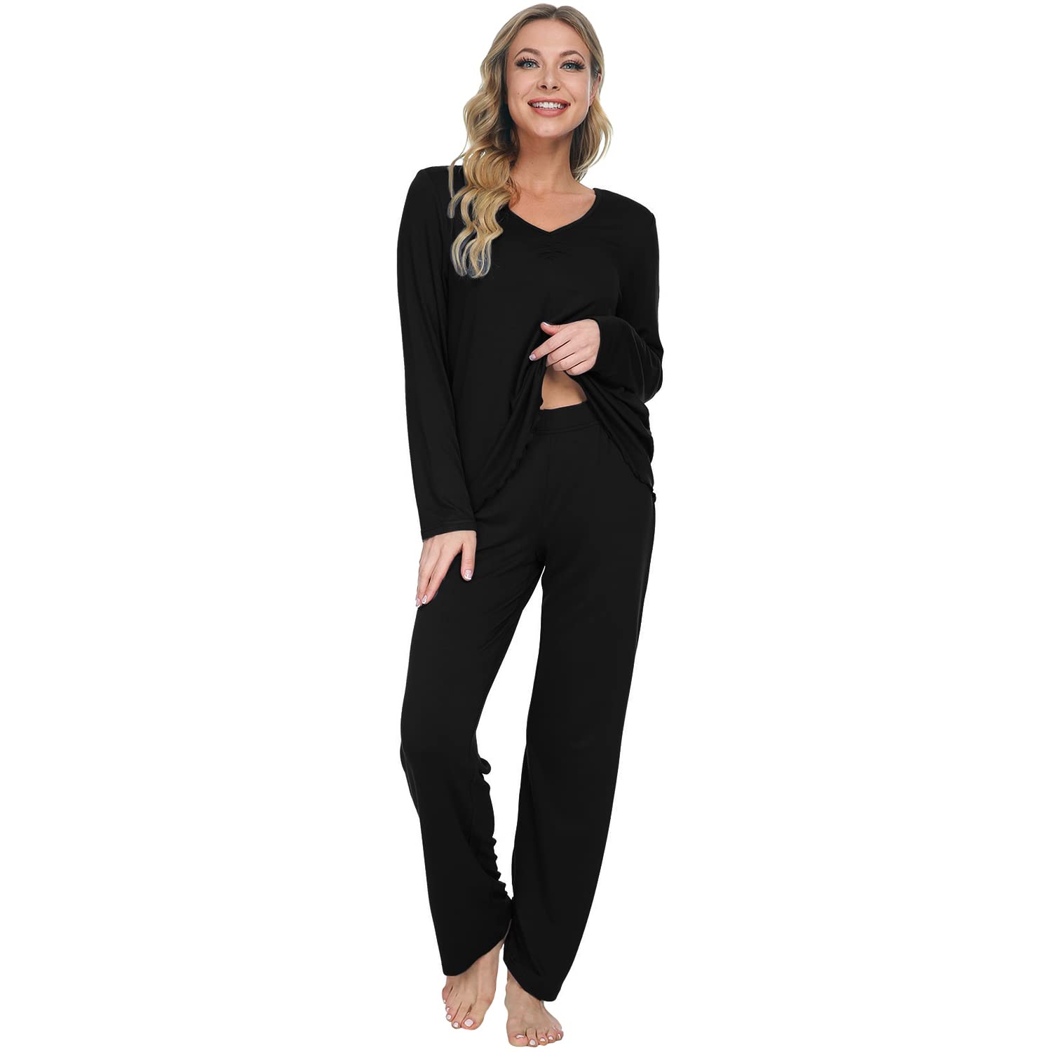 Mnemo Schlafanzug für Damen Weich Gestricktes Pyjama Set mit V-Ausschnitt und Exquisitem Gewelltem Saum 2 Stück Slim Fit Frauen Gemütliche Nachtwäsche