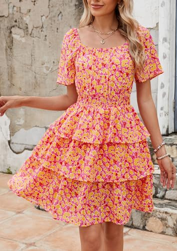 Image of PRETTYGARDEN Women's Summer Floral Ruffle Short Dress | Short Sleeve Square Neck, Flowy Tiered Hem, Fit and Flare, Flower Boho Dresses, Cute Beach Vacation Outfits, Fashion Clothing