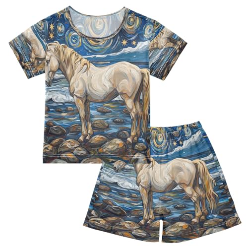 ALAZA Horse Star Van Gogh Oil Painting Pajamas Set Short Sleeve Cotton Sleepwear Summer Pjs 2 Piece 5-14Y