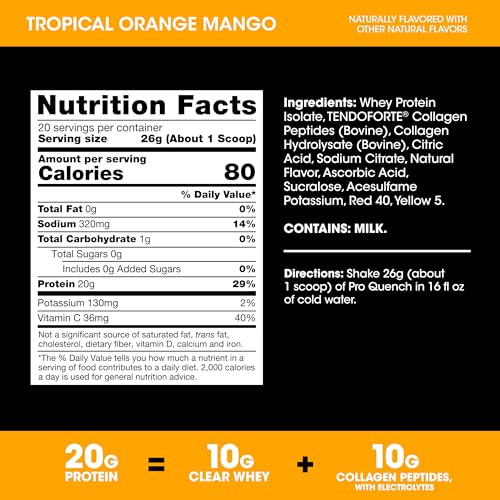 Image of Optimum Nutrition Pro Quench, 10g Clear Protein, 10g Collagen peptides & Electrolyte Powder Drink Mix, Tropical Orange Mango, 20 Servings, 520 Grams (Packaging May Vary) | Clear Whey Protein & Collagen Peptides Sports Drink Mix with Electrolytes, No Added Sugar, No Artificial Flavors, Easy Mixing