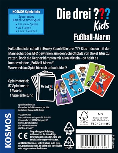 KOSMOS 741808 Die drei ??? Kids Fußball-Alarm, Kartenspiel für 2-4 Spieler ab 8 Jahren, Detektiv Kinderspiel, Die drei Fragezeichen, Fussball Kartenspiel