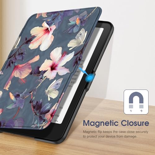 Image of Fintie Case for 7 inch All-New Kindle Paperwhite (12th Generation, 2024) and Kindle Colorsoft Signature Edition - Slim Lightweight Shell PU Leather Protective Cover with Auto Sleep /Wake,Blooming Hibiscus