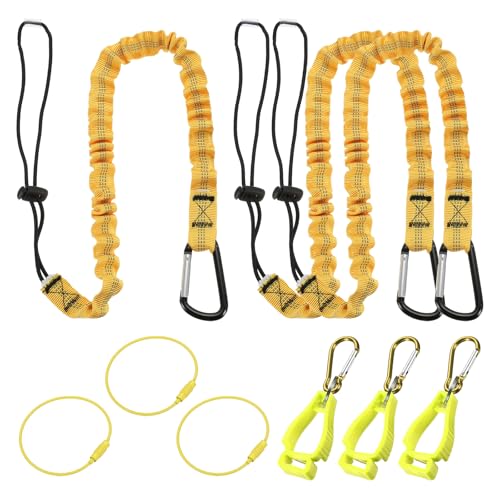 Image of MECCANIXITY Retractable Tool Lanyard 3ft with Aluminum Buckle and Adjustable Loop End, Included Glove Clamps and Keychains, Fall Protection Tools Leash for Hand Tools, Yellow 3 Pack