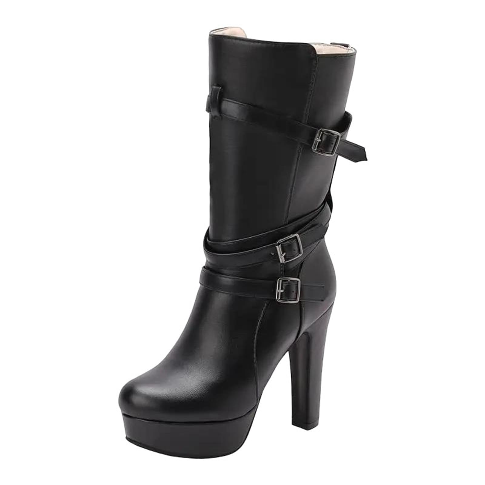 Womens Fashion Party Mid Calf Boots With A Round Toe Chunky Super High Heel And A Slip On
