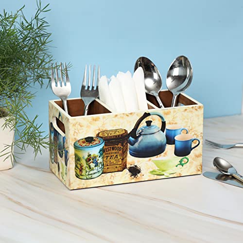 Image of DULI Multipurpose Stand, Cutlery Holder, Spoon Stand, Table Organizer with 2 Sections, Chammach Stand (10cm x 15cm) (3 Section: TeaKettle)