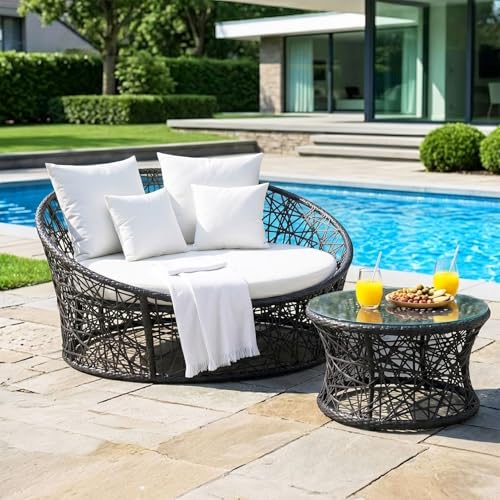 Image of DEVOKO Black & White Outdoor Wicker & Rattan Daybed For Poolside, Garden, Balcony, Patio, Beach, Terrace, Porch, Backyard - Unique Round Sofa Furniture, 139 Centimeters, 122 CM, 76 CM