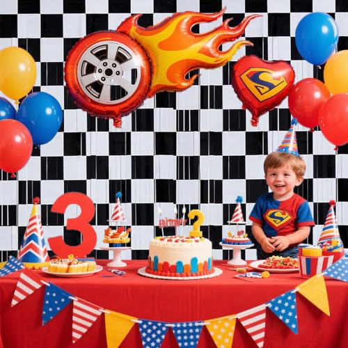 Image of Race Car Foil Curtains 3.28x6.56ft - Vibrant Checkered Decor for Race Car Birthday Party Decorations & One Happy Dude Birthday Celebrations! - 2 Packs