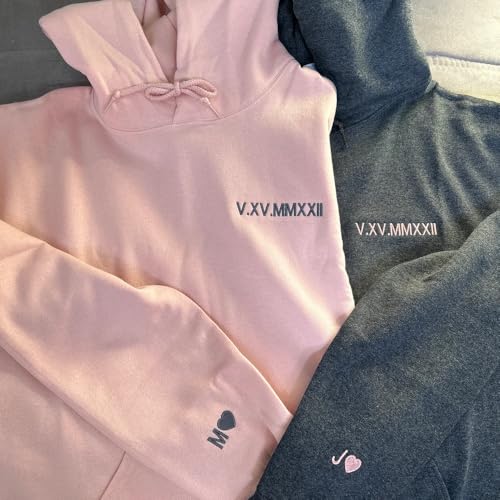 Personalized Embroidered Roman Numeral Unisex Hoodie Sweatshirt with Initials on Sleeve, Matching Couple Sweatshirt, Valentine's Day Gifts For Boyfriend Girlfriend, For Couple2