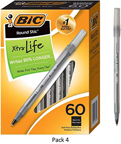 BIC Round Stic Xtra Life Ballpoint Pen, Medium Point (1.0mm), Black, 60-Count, 4 Pack