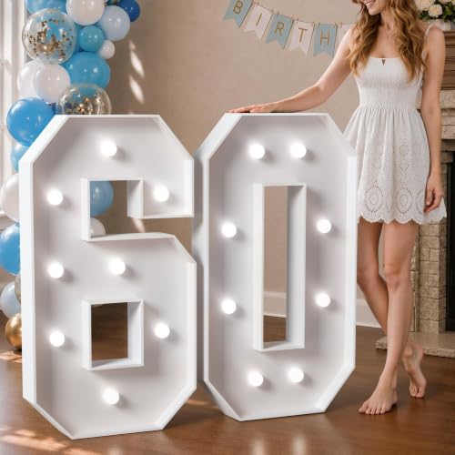 Image of Marquee Numbers 3 Feet Tall Big Light Up Numbers 60th Birthday Decorations Women Men White Anniversary Party Decor Large Cardboard Prop Backdrop Sign 60