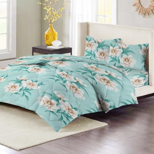 Image of HOMEKART 220 GSM Microfiber 4 Piece Comforter Bedding Set for Double Bed | King Size AC Comforter + Flat Bedsheet (90x100 Inch) & 2 Pillow Covers | Ultra Soft, Lightweight & All-Season (Green)