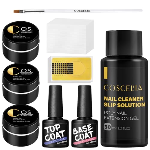 COSCELIA Kit de U-V Gel Uñas de 3PCS Gel de Extensión de Uñas 15ML de Uñas con 30ML Slip Solution y Base Coat Top Coat Kit Profesional de Uñas