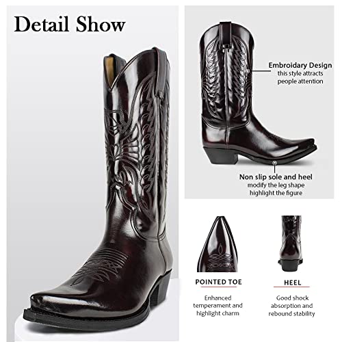 Femflame Cowboy Boots For Men Pointed Toe Stitched Western Boots Chunky Block Heels Pull On Embroidered Mid-Calf Boots #TOP3