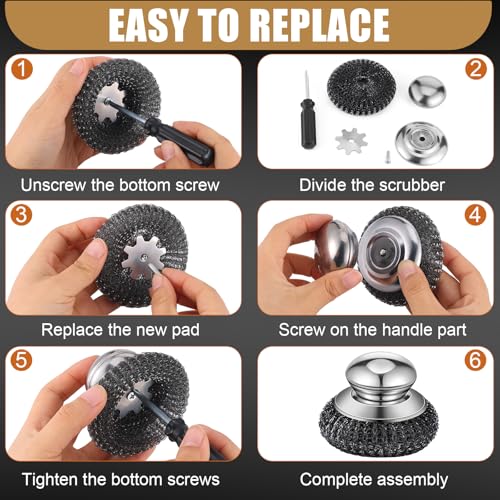 Image of 4 Pcs Stainless Steel Wool Scrubbers with Handle 12 Replacement Metal Cast Iron Scrubber Brush for Cleaning Dishes Kitchen Pots Pan Sink