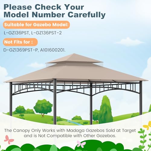 Upgraded Replacement Canopy Top for Target Madaga Gazebo Model L-GZ136PST L-GZ136PST-2 (Replacement Canopy Only). Double Tier Replacement Canopy for Target Madaga Gazebo (Light Beige)
