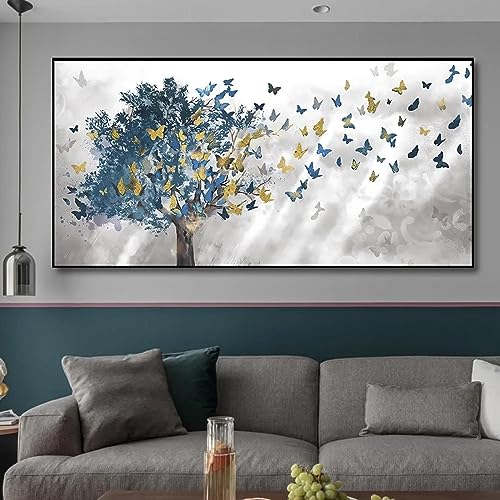 Toile de peinture abstraite arbres bleus KEBIA décoration murale salon moderne 80 x 160 cm